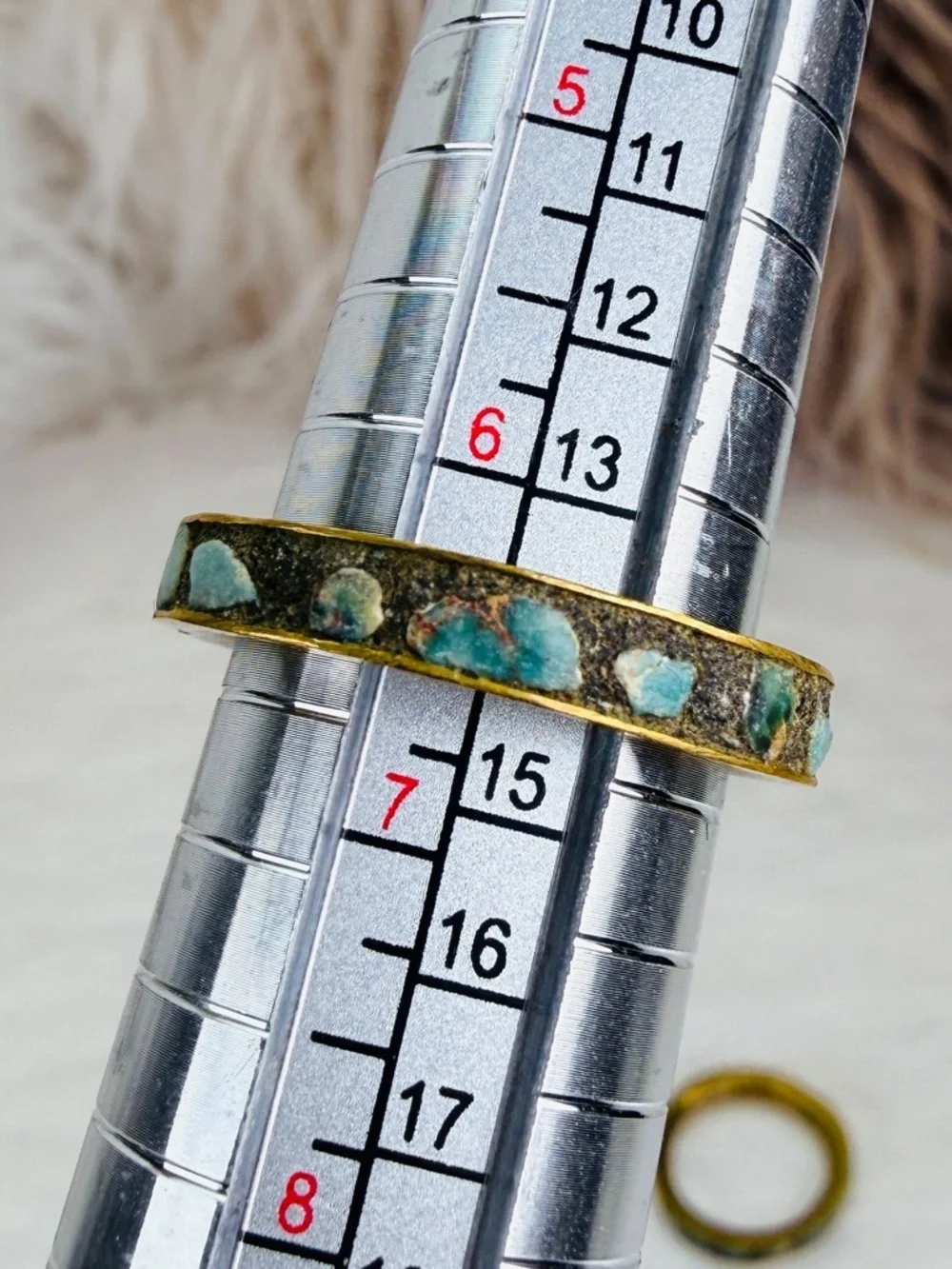 2 Vintage sz 6.5 stacking rings with turquoise colored blue Inlay Brass Bands
